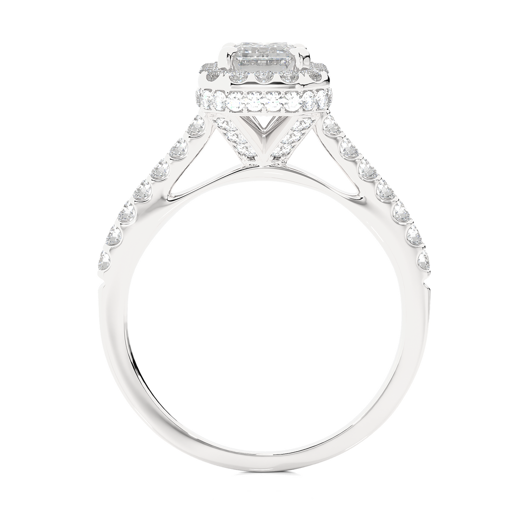 Side profile of 1.50 Ct Emerald Cut Moissanite Halo Engagement Ring In White Gold, highlighting the prong setting.