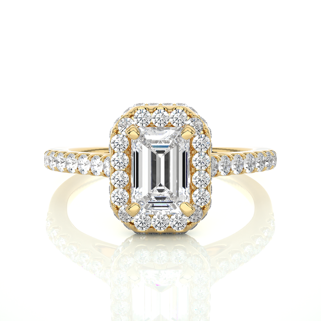 Front view of 1.50 Ct Emerald Cut Moissanite Halo Engagement Ring In Yellow Gold, highlighting the brilliant center Moissanite stone.