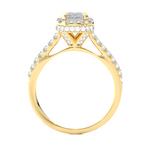 Load image into Gallery viewer, Side profile of 1.50 Ct Emerald Cut Moissanite Halo Engagement Ring In Yellow Gold, highlighting the prong setting.
