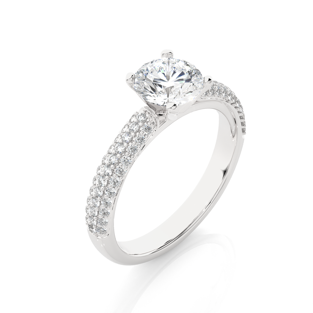 Angled view of 1.50 Ct Moissanite Engagement Ring With Three Row Accents In Silver, showcasing the band and setting.​