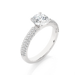 Load image into Gallery viewer, Angled view of 1.50 Ct Moissanite Engagement Ring With Three Row Accents In Silver, showcasing the band and setting.​
