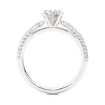 Load image into Gallery viewer, Side profile of 1.50 Ct Moissanite Engagement Ring With Three Row Accents In Silver, highlighting the prong setting.
