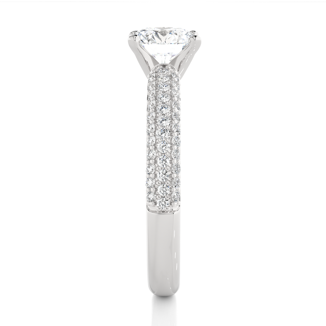 Side profile of 1.50 Ct Moissanite Engagement Ring With Three Row Accents In Silver, highlighting the prong setting.