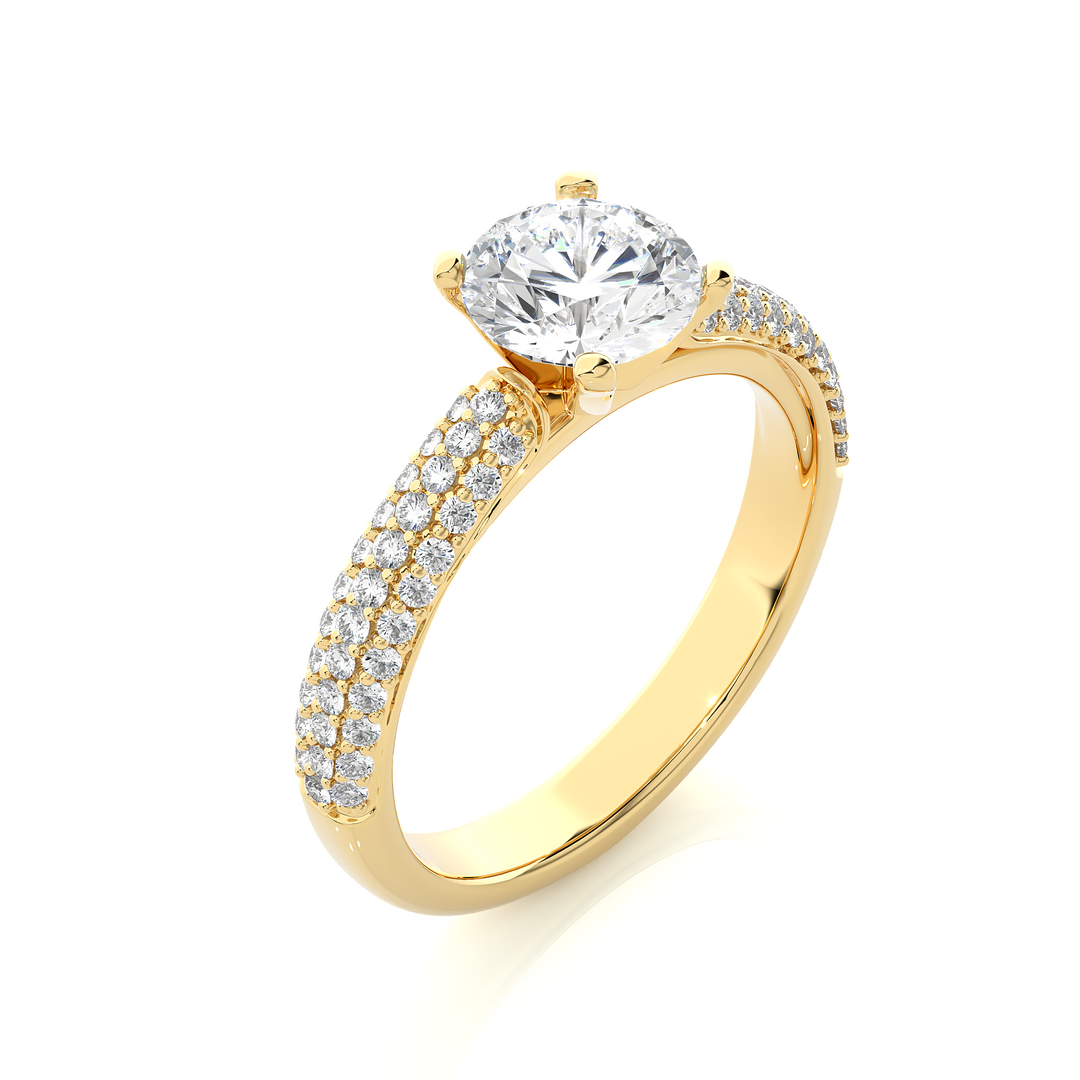 Angled view of 1.50 Ct Moissanite Engagement Ring With Three Row Accents In Yellow Gold, showcasing the band and setting.​