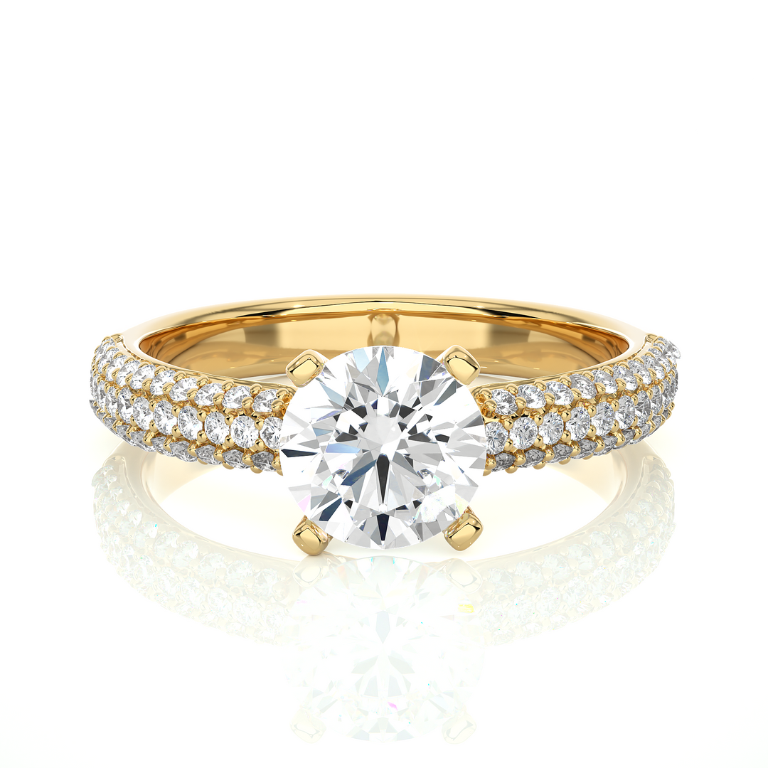 Front view of 1.50 Ct Moissanite Engagement Ring With Three Row Accents In Yellow Gold, highlighting the brilliant center moissanite stone.
