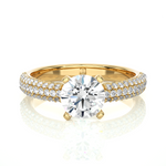 Load image into Gallery viewer, Front view of 1.50 Ct Moissanite Engagement Ring With Three Row Accents In Yellow Gold, highlighting the brilliant center moissanite stone.

