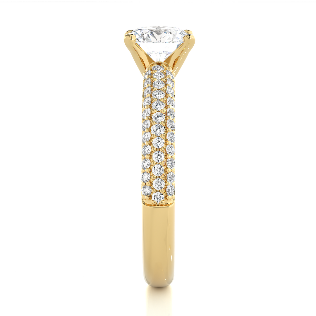 Side profile of 1.50 Ct Moissanite Engagement Ring With Three Row Accents In Yellow Gold, highlighting the prong setting.