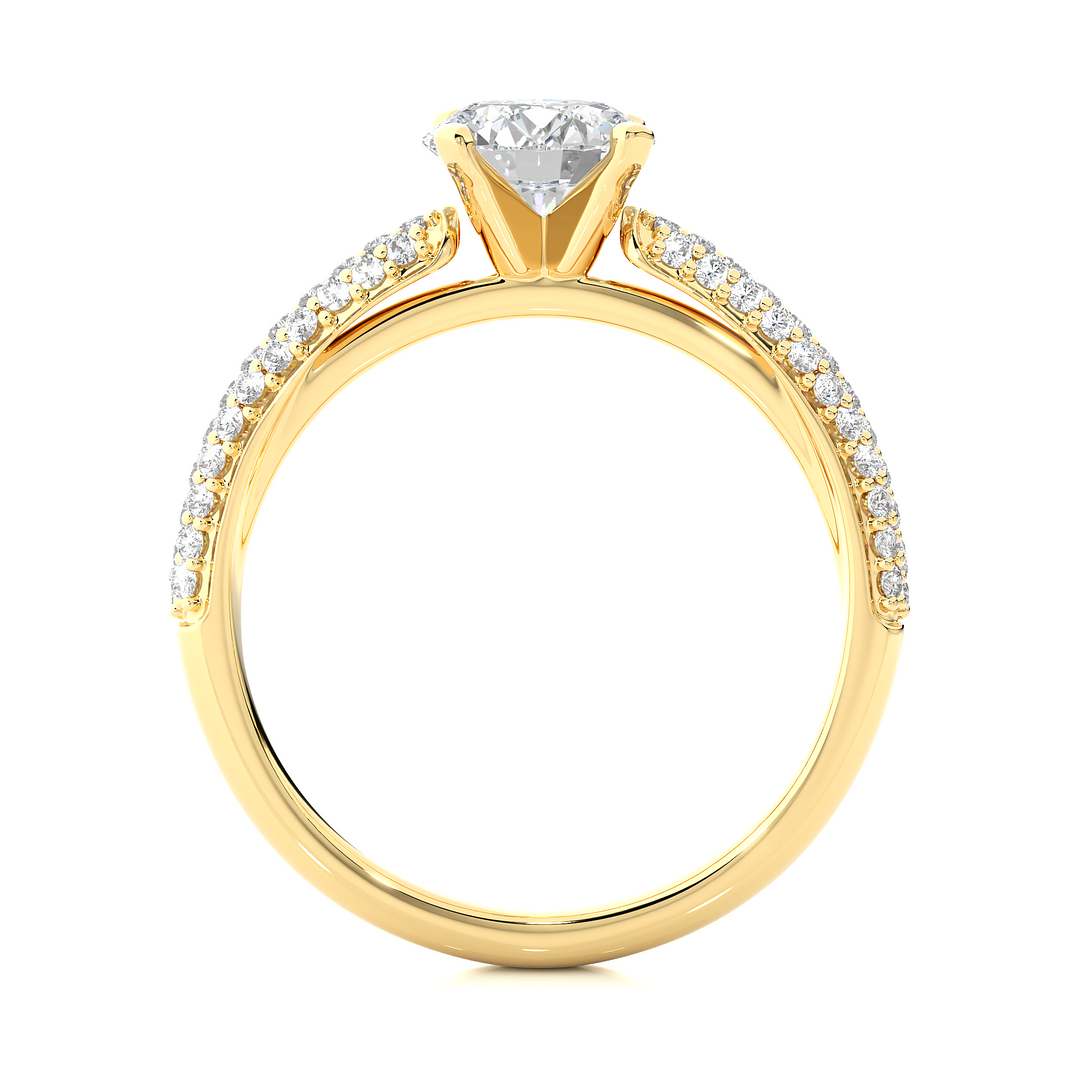 Side profile of 1.50 Ct Moissanite Engagement Ring With Three Row Accents In Yellow Gold, highlighting the prong setting.