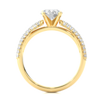 Load image into Gallery viewer, Side profile of 1.50 Ct Moissanite Engagement Ring With Three Row Accents In Yellow Gold, highlighting the prong setting.
