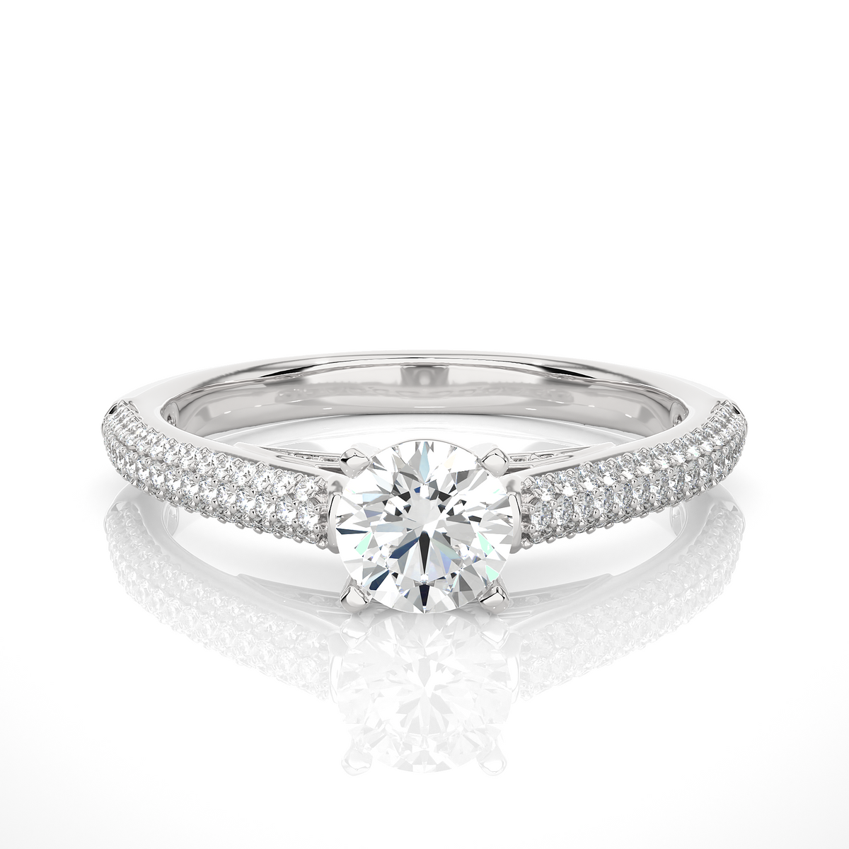 1 ct moissanite three row engagement ring with accent in white gold