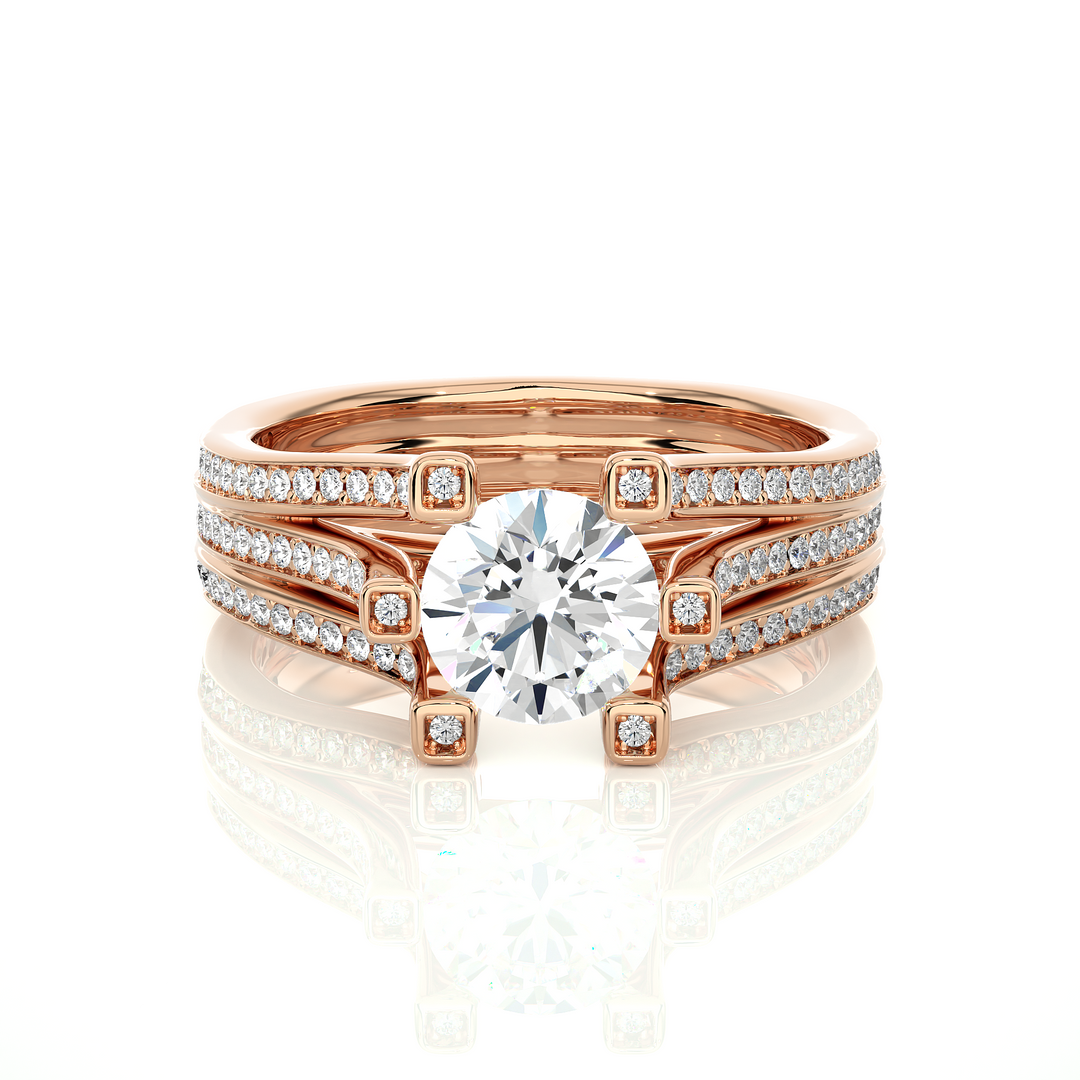 Front view of 1.50 Ct Moissanite Three Row Split Shank Engagement Ring In Rose Gold, highlighting the brilliant center moissanite stone.