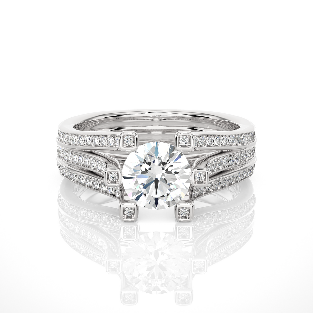 1.50 Ct Moissanite Three Row Split Shank Engagement Ring In White Gold