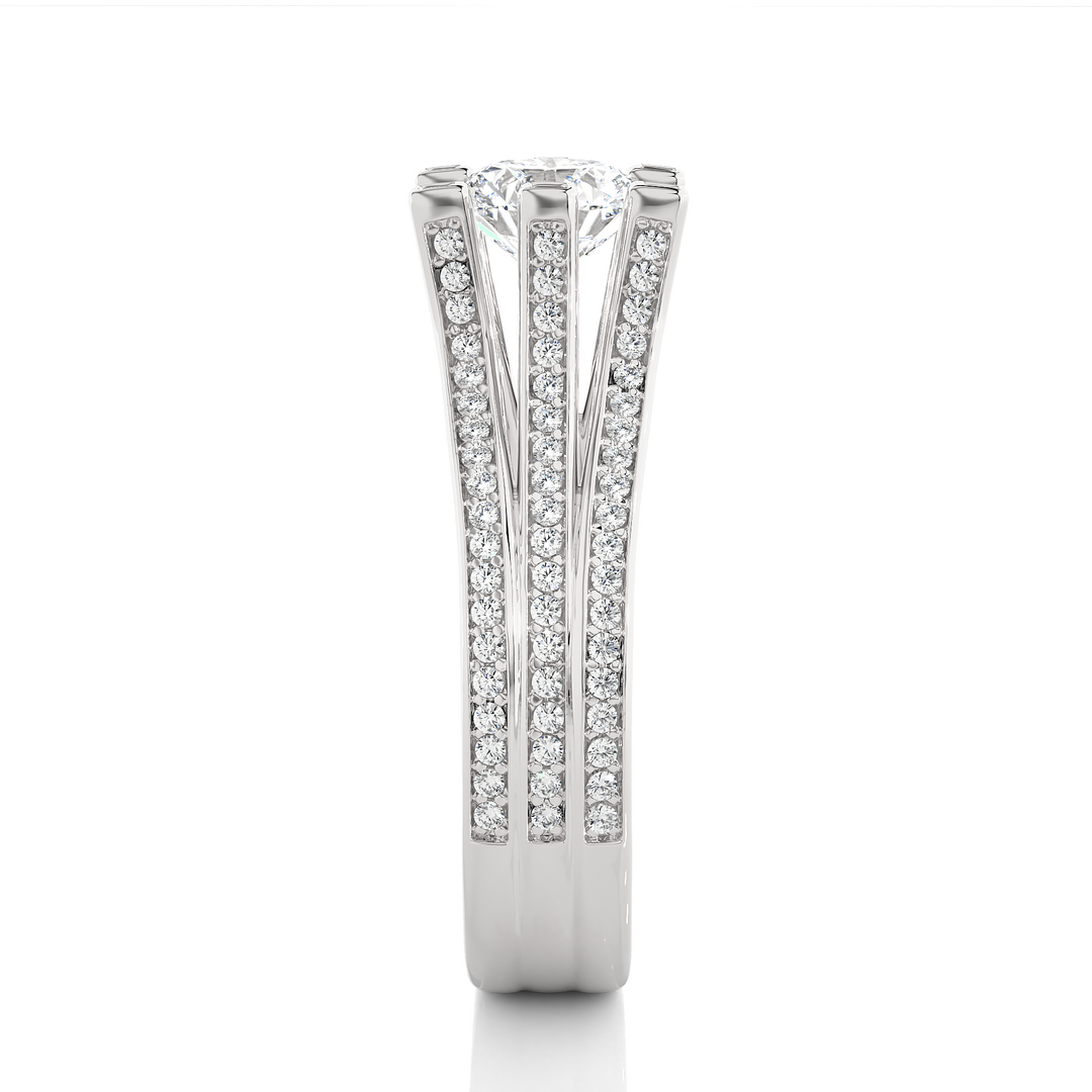 Side profile of 1.50 Ct Moissanite Three Row Split Shank Engagement Ring In White Gold, highlighting the prong setting.