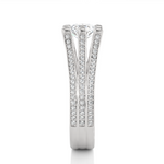 Load image into Gallery viewer, Side profile of 1.50 Ct Moissanite Three Row Split Shank Engagement Ring In White Gold, highlighting the prong setting.
