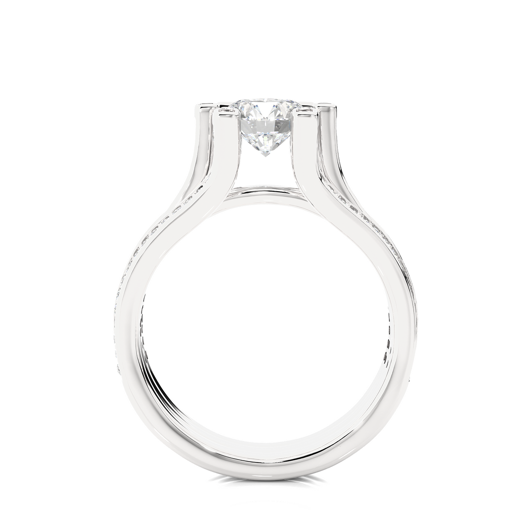 Side profile of 1.50 Ct Moissanite Three Row Split Shank Engagement Ring In White Gold, highlighting the prong setting.