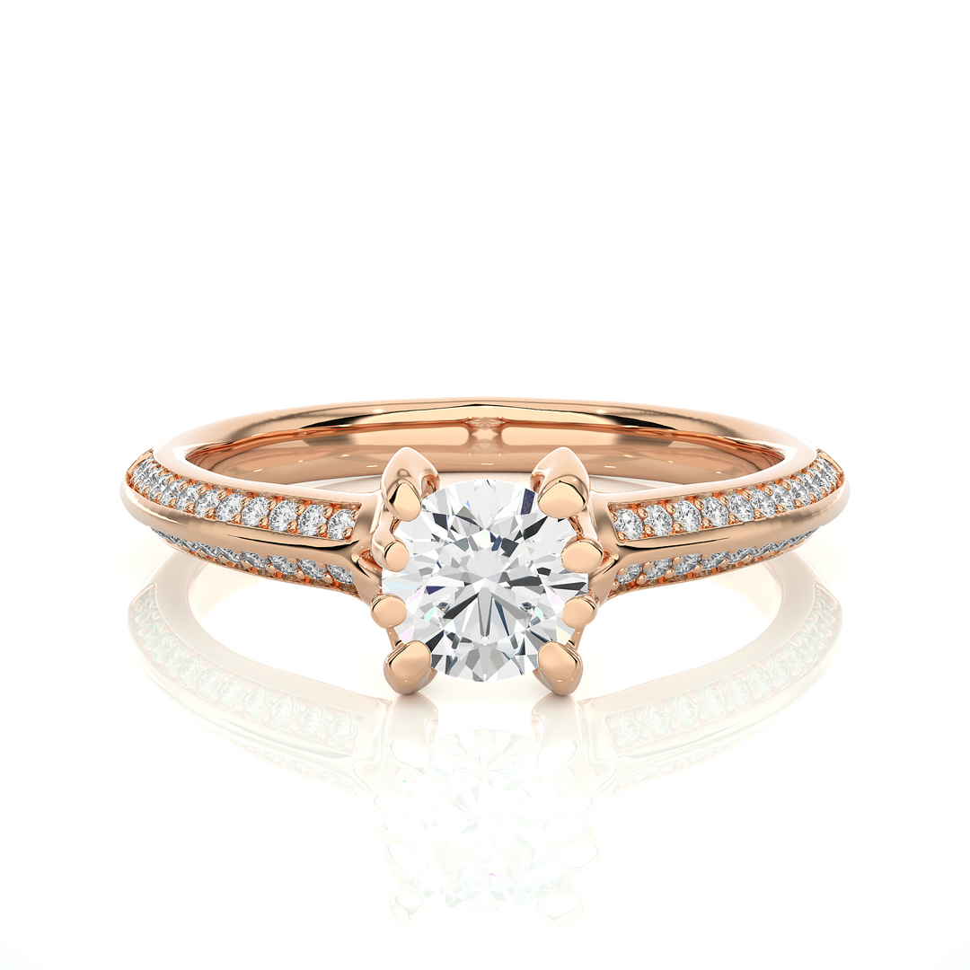 Front view of 1.50 Ct Round Cut Moissanite Two Row Accent Engagement Ring In Rose Gold, highlighting the brilliant center moissanite stone.