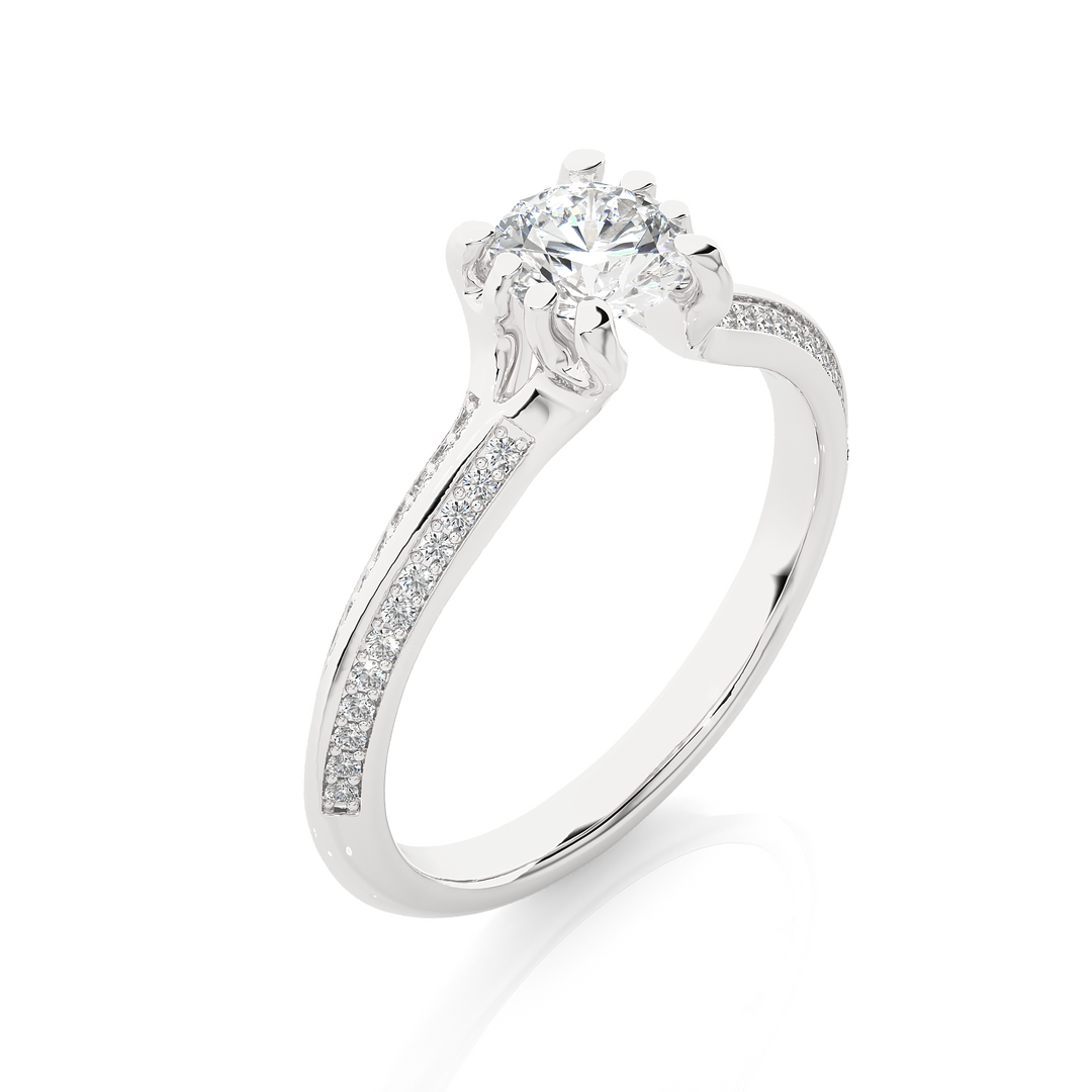 Angled view of 1.50 Ct Round Cut Moissanite Two Row Accent Engagement Ring In White Gold, showcasing the band and setting.​