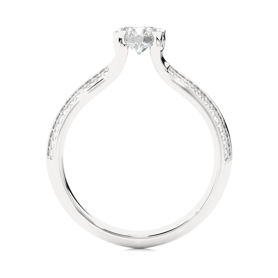 Side profile of 1.50 Ct Round Cut Moissanite Two Row Accent Engagement Ring In White Gold, highlighting the prong setting.