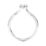 Load image into Gallery viewer, Side profile of 1.50 Ct Round Cut Moissanite Two Row Accent Engagement Ring In White Gold, highlighting the prong setting.
