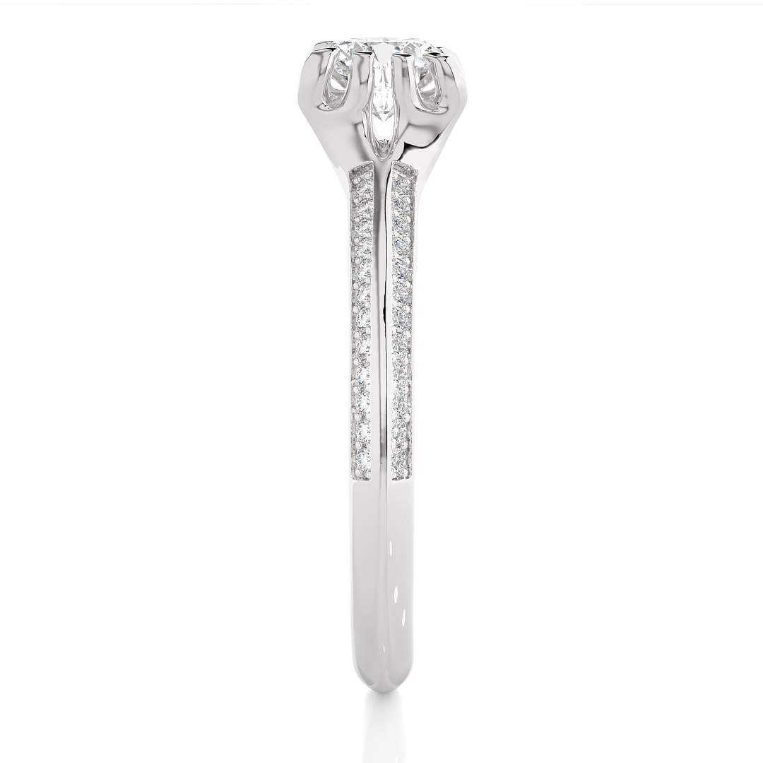 Side profile of 1.50 Ct Round Cut Moissanite Two Row Accent Engagement Ring In White Gold, highlighting the prong setting.