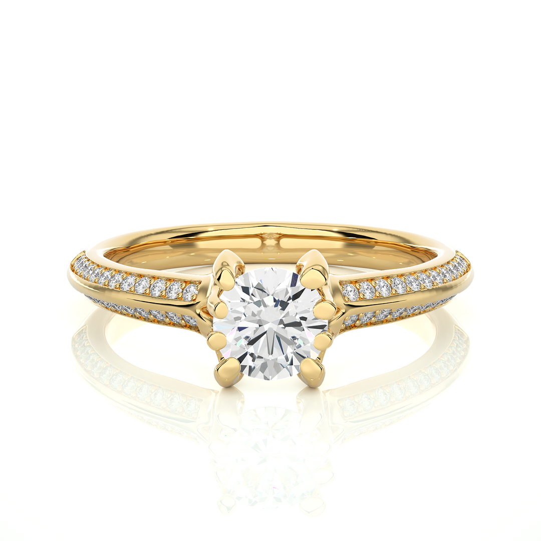 Front view of 1.50 Ct Round Cut Moissanite Two Row Accent Engagement Ring In Yellow Gold, highlighting the brilliant center moissanite stone.