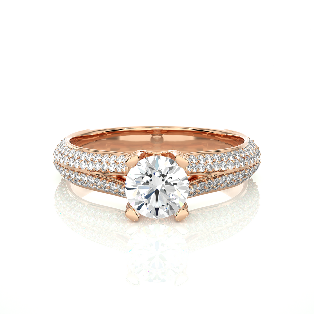 Front view of 1.50 Ct Round Moissanite Split Shank Engagement Ring In Rose Gold, highlighting the brilliant center moissanite stone.
