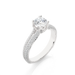 Load image into Gallery viewer, Angled view of 1.50 Ct Round Moissanite Split Shank Engagement Ring In White Gold, showcasing the band and setting.​
