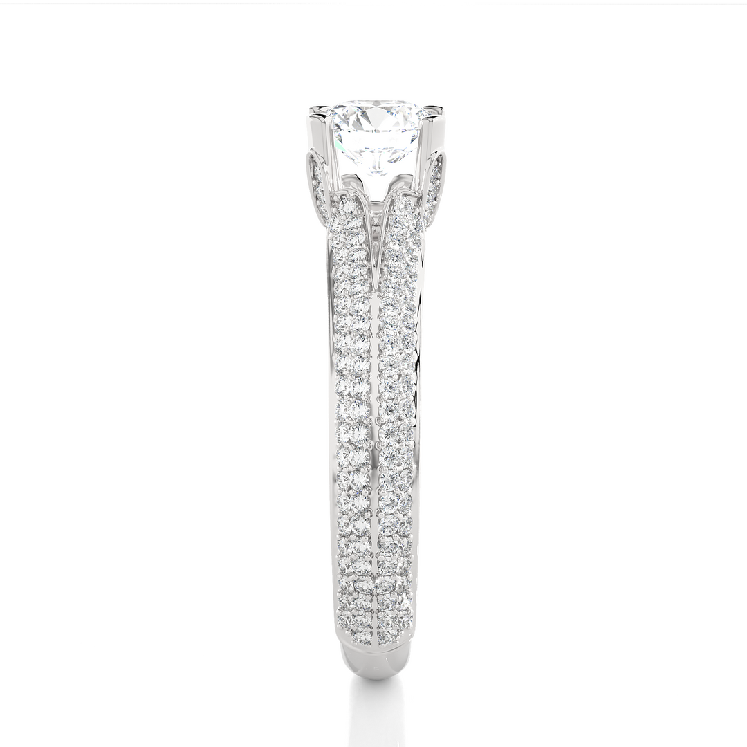 Side profile of 1.50 Ct Round Moissanite Split Shank Engagement Ring In White Gold, highlighting the prong setting.