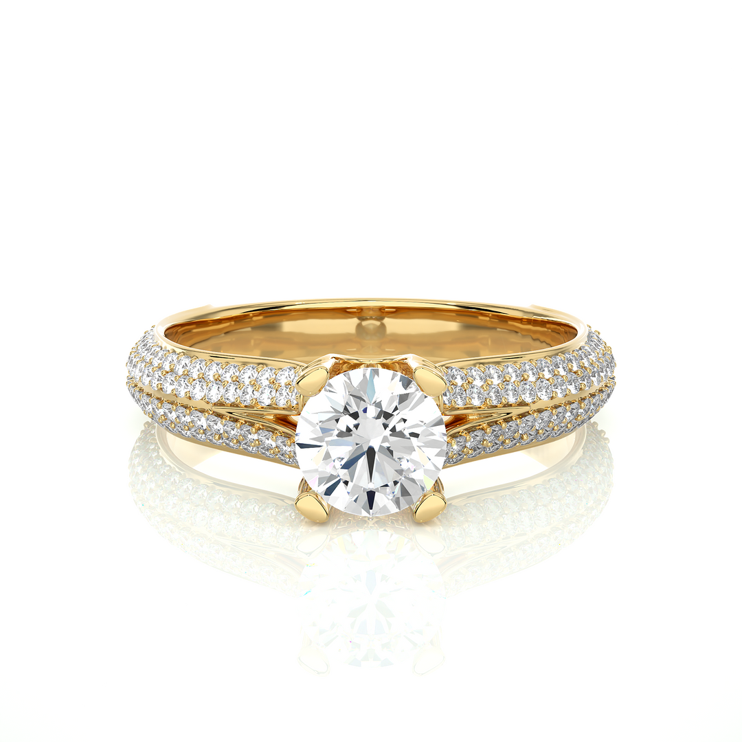 Front view of 1.50 Ct Round Moissanite Split Shank Engagement Ring In Yellow Gold, highlighting the brilliant center moissanite stone.