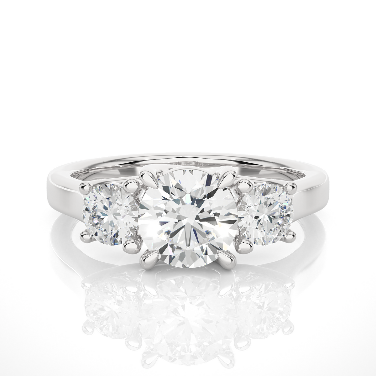 2 ct round moissanite three stone engagement ring in white gold
