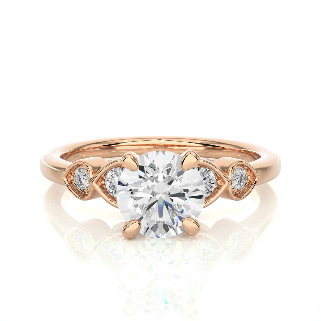 Front view of 1.50 Ct Round Shape Moissanite Five Stone Engagement Ring In Rose Gold, highlighting the brilliant center Moissanite stone.