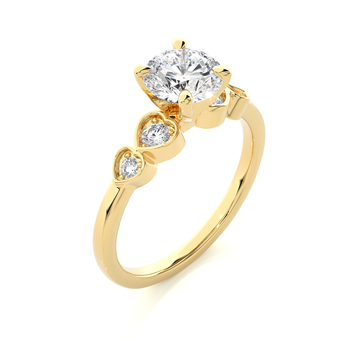 Angled view of 1.50 Ct Round cut Moissanite Five Stone Engagement Ring In Yellow Gold, showcasing the band and setting.​