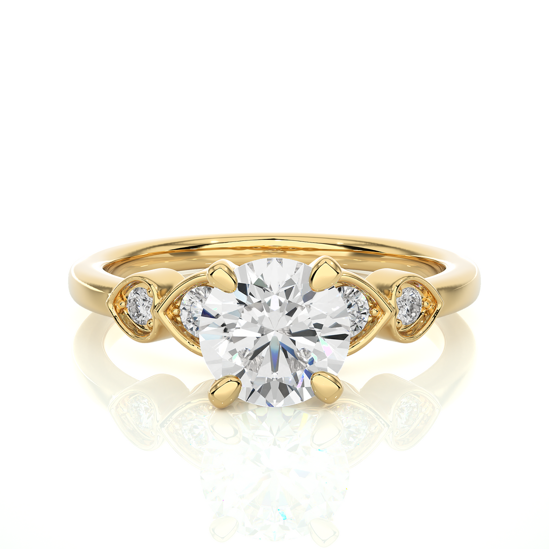 Front view of 1.50 Ct Round cut Moissanite Five Stone Engagement Ring In Yellow Gold, highlighting the brilliant center Moissanite stone.