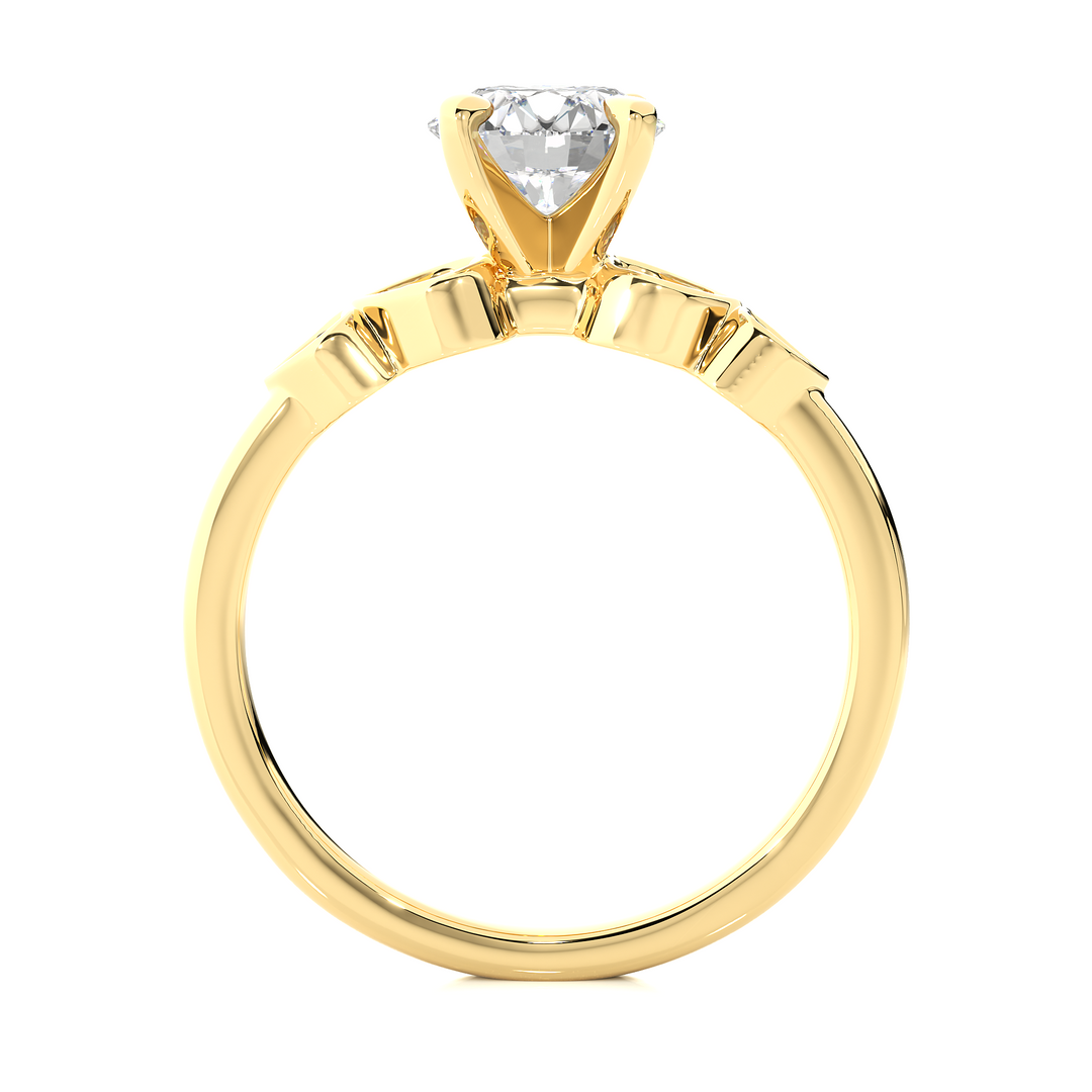Side profile of Front view of 1.50 Ct Round cut Moissanite Five Stone Engagement Ring In Yellow Gold, highlighting the brilliant center moissanite stone., highlighting the prong setting.