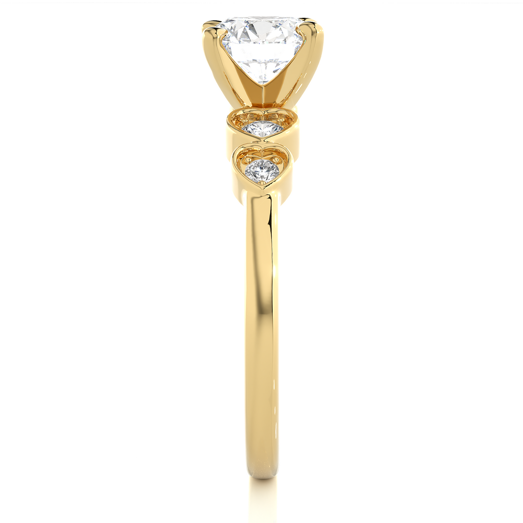 Side profile of Front view of 1.50 Ct Round cut Moissanite Five Stone Engagement Ring In Yellow Gold, highlighting the brilliant center moissanite stone., highlighting the prong setting.