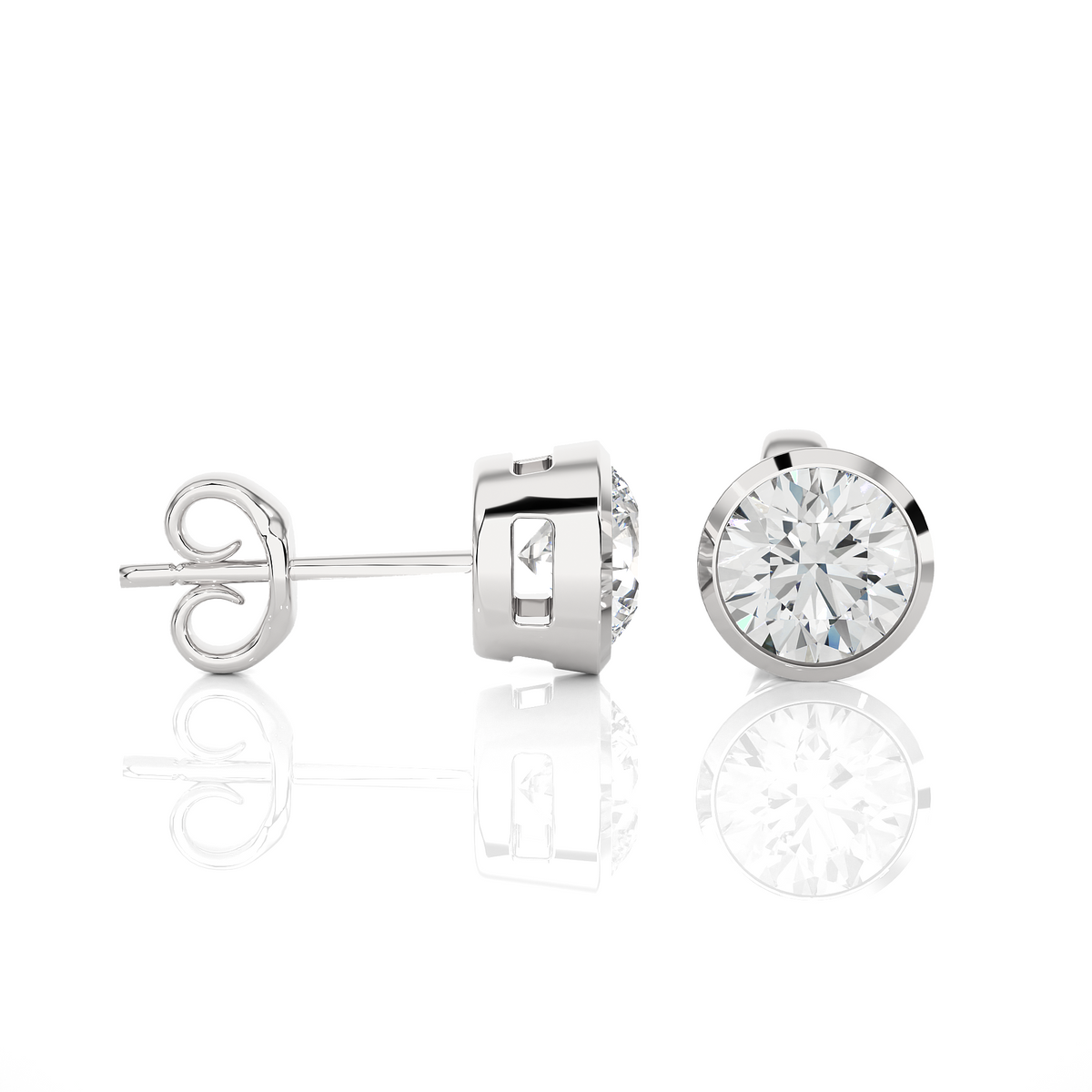 Side view of 1 carat bezel setting moissanite stud earrings in silver, showing the setting and how the stone is held