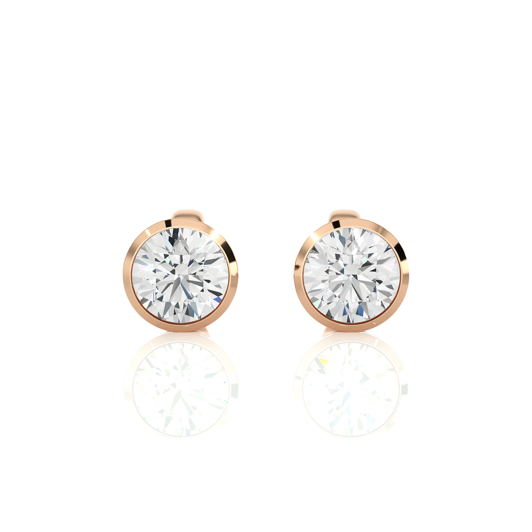 Front view of 1 Carat Bezel Setting Moissanite Stud Earrings in Rose Gold shows sparkle and smooth edges.