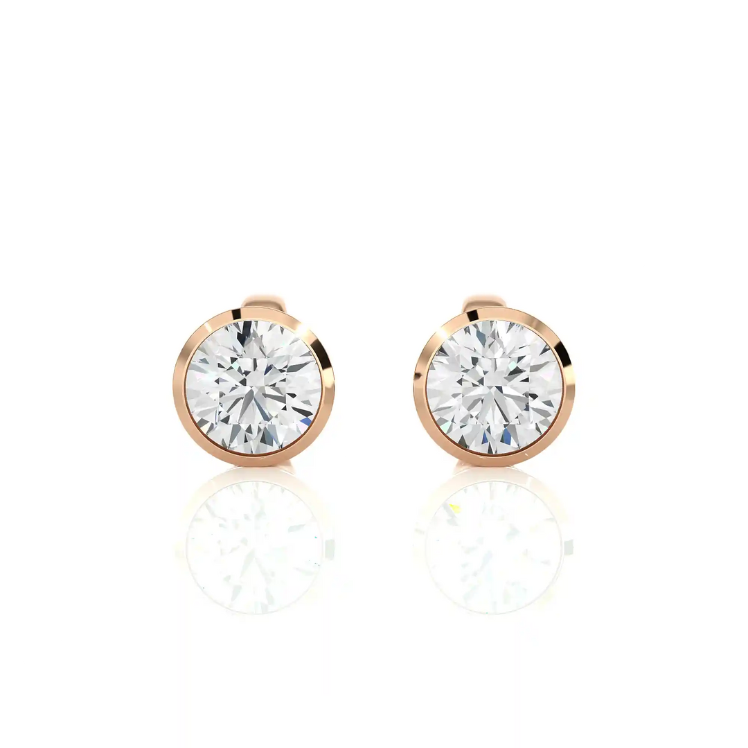 Front view of 1 Carat Bezel Setting Moissanite Stud Earrings in Rose Gold shows sparkle and smooth edges.