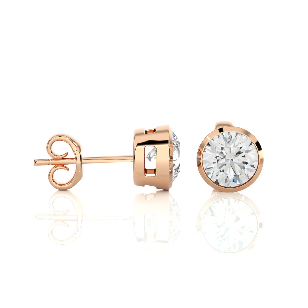 Side view of 1 Carat Bezel Setting Moissanite Stud Earrings in Rose Gold, showing the setting and how the stone is held.