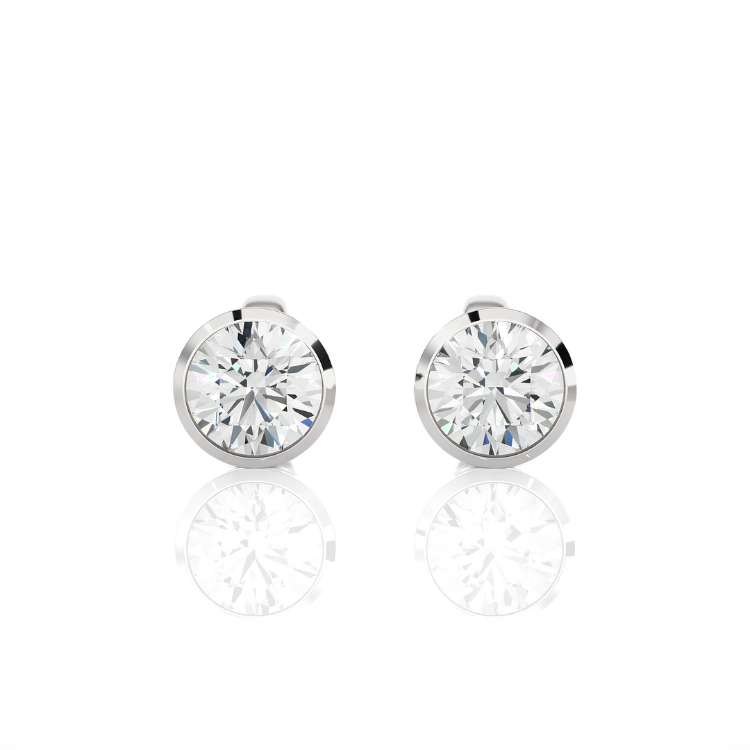 Front view of 1 Carat Bezel Setting Moissanite Stud Earrings in White Gold, shows sparkle and smooth edges.
