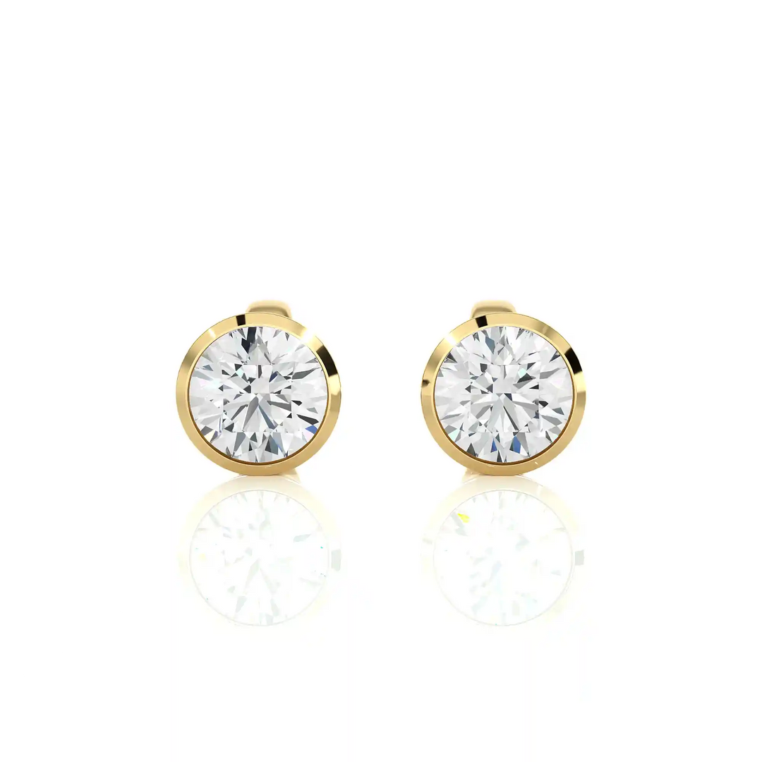 Front view of 1 Carat Bezel Setting Moissanite Stud Earrings in Yellow Gold, showing sparkle and smooth edges.