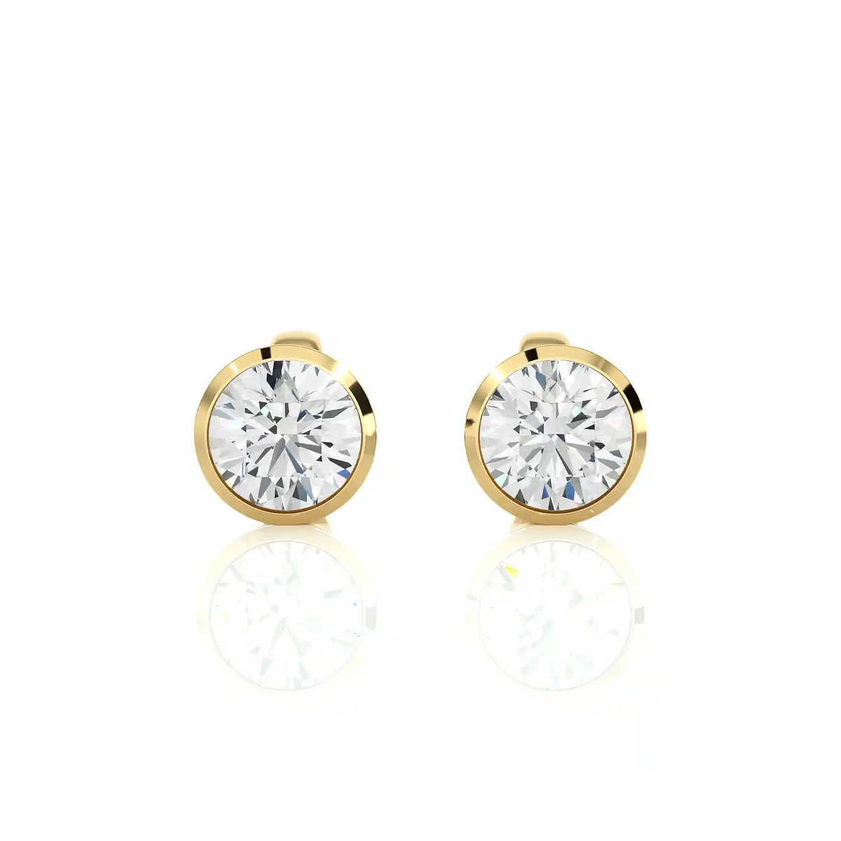 Front view of 1 carat bezel setting moissanite stud earrings in yellow gold, showing sparkle and smooth edges