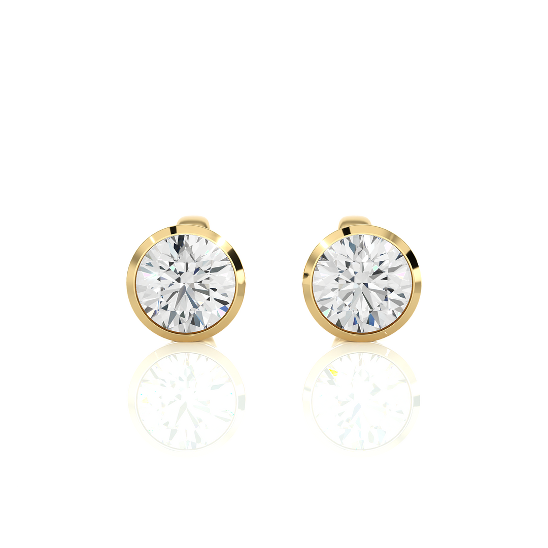 Front view of 1 Carat Bezel Setting Moissanite Stud Earrings in Yellow Gold, showing sparkle and smooth edges.