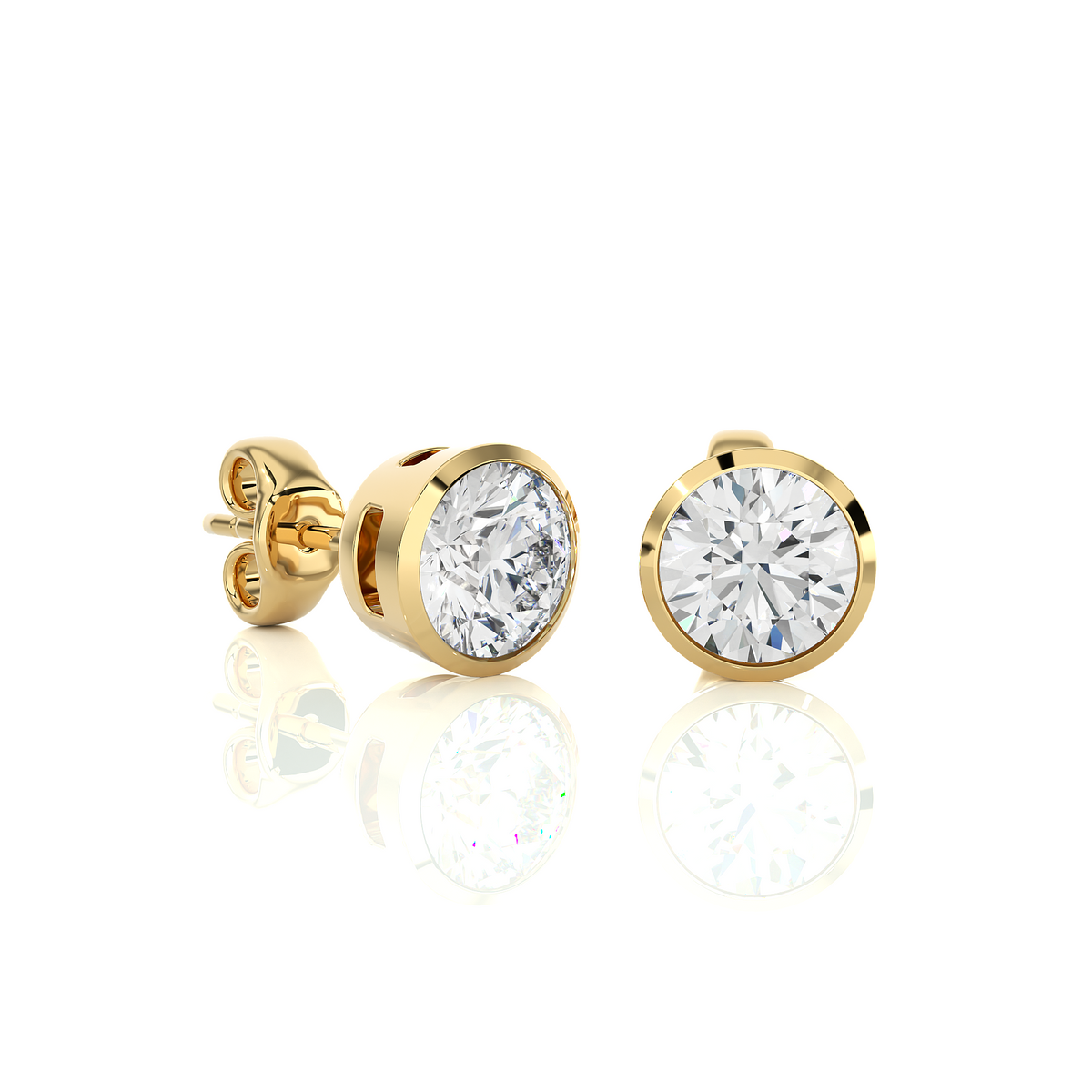 Side view of 1 carat bezel setting moissanite stud earrings in yellow gold, showing the setting and how the stone is held