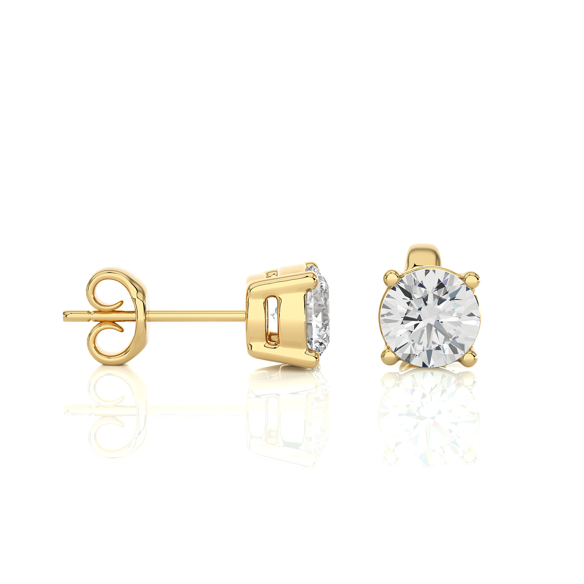 Side view of 1 carat four prong round cut moissanite stud earrings in yellow gold, highlighting prong height and earring profile
