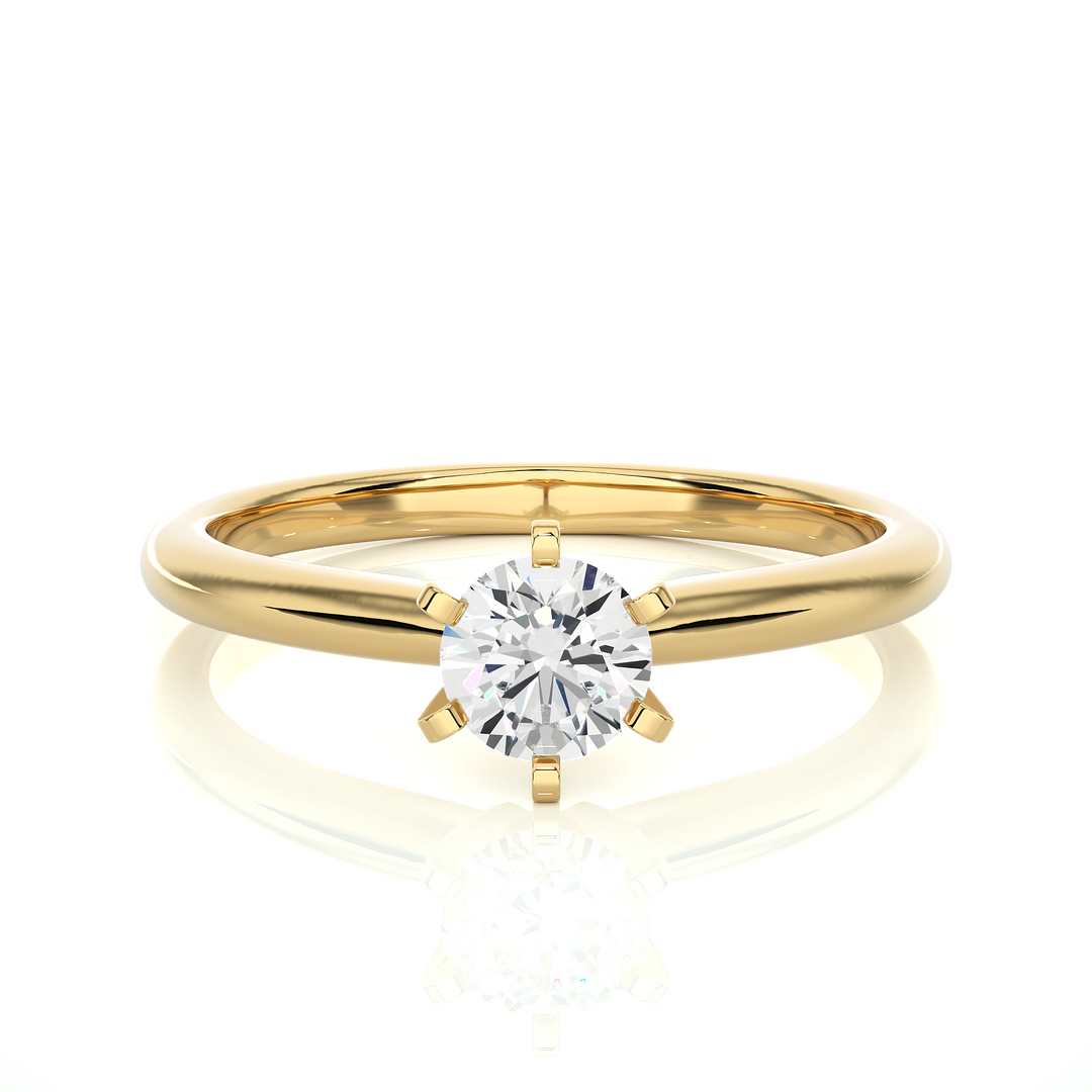 Front view of 1 Carat Round Cut Solitaire Moissanite Ring in Yellow Gold, highlighting the brilliant center Moissanite stone.