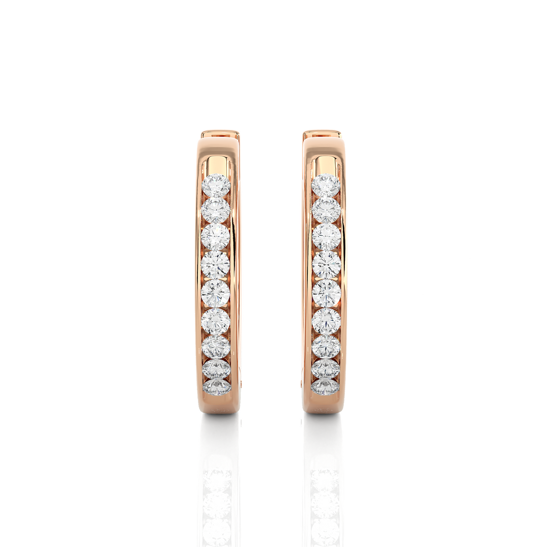 Front View of 1 Carat Round Moissanite Channel Set Hoop Earrings In Rose Gold, shown from the front for full sparkle.