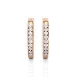 Load image into Gallery viewer, Front View of 1 Carat Round Moissanite Channel Set Hoop Earrings In Rose Gold, shown from the front for full sparkle.
