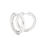 Load image into Gallery viewer, Angled view of 1 Carat Round Moissanite Channel Set Hoop Earrings In Silver, showing brilliance and curved shape.
