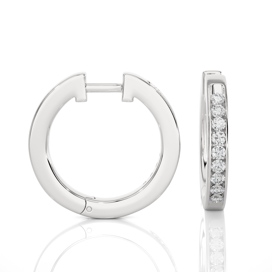 Side profile of 1 Carat Round Moissanite Channel Set Hoop Earrings In Silver, highlighting the slim, elegant design.